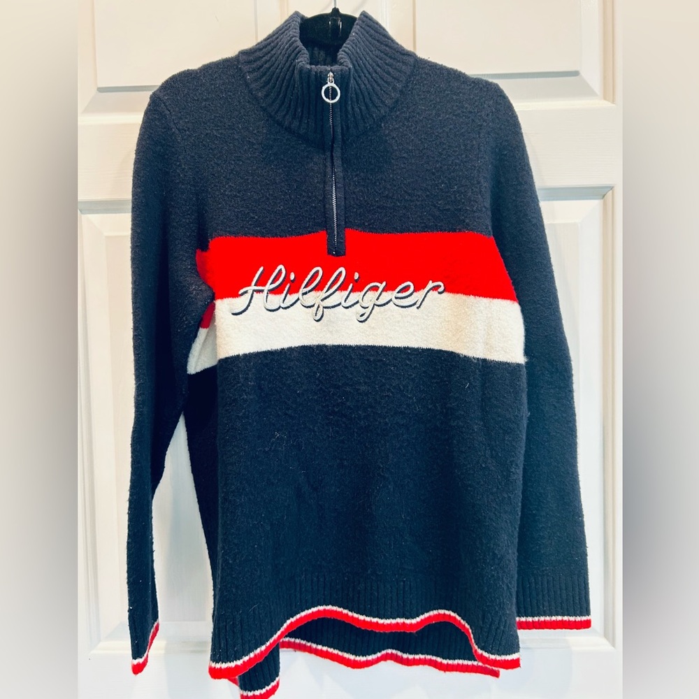 Tommy Hilfiger quarter zip turtleneck sweater, red white  blue